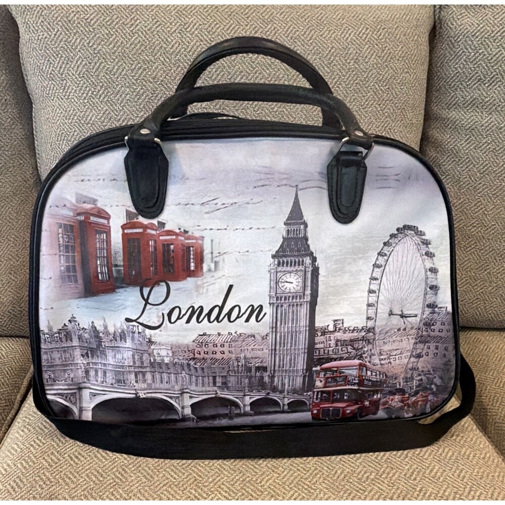 London Pattern Duffle Bag Nylon Black Gray Red Handles Adjustable Strap